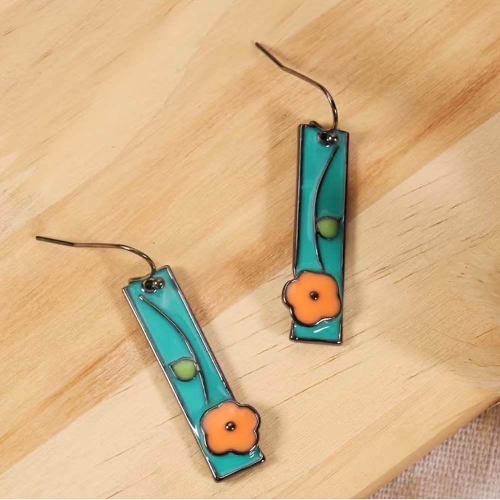 Blue Floral Enamel Bar Dangle Earrings NWOT - Picture 4 of 6